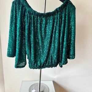 VENUS Green Off-the-Shoulder Green Sequined Top Relaxed Style